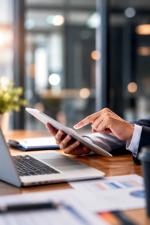 Consultant reviewing property information on a tablet