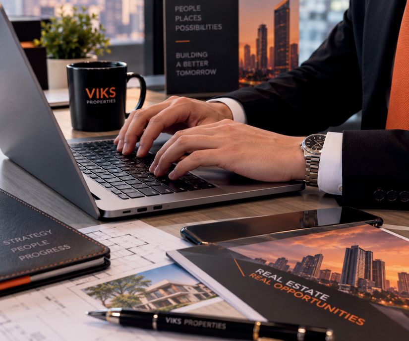 Property consultant working on a laptop with real estate documents