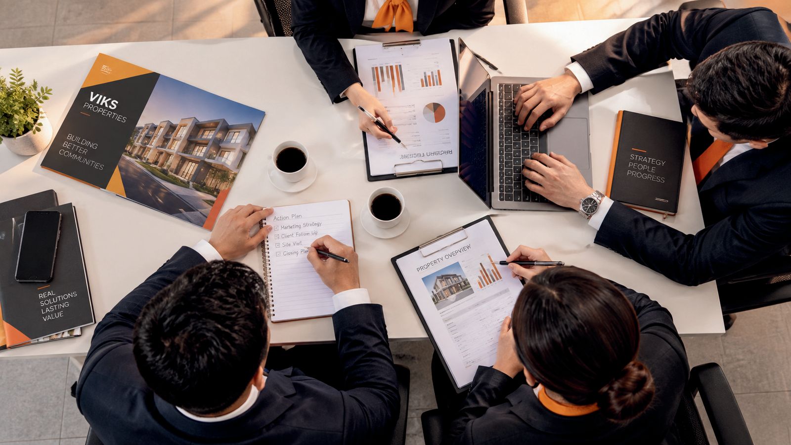 Project marketing planning meeting with brochures and floor plans